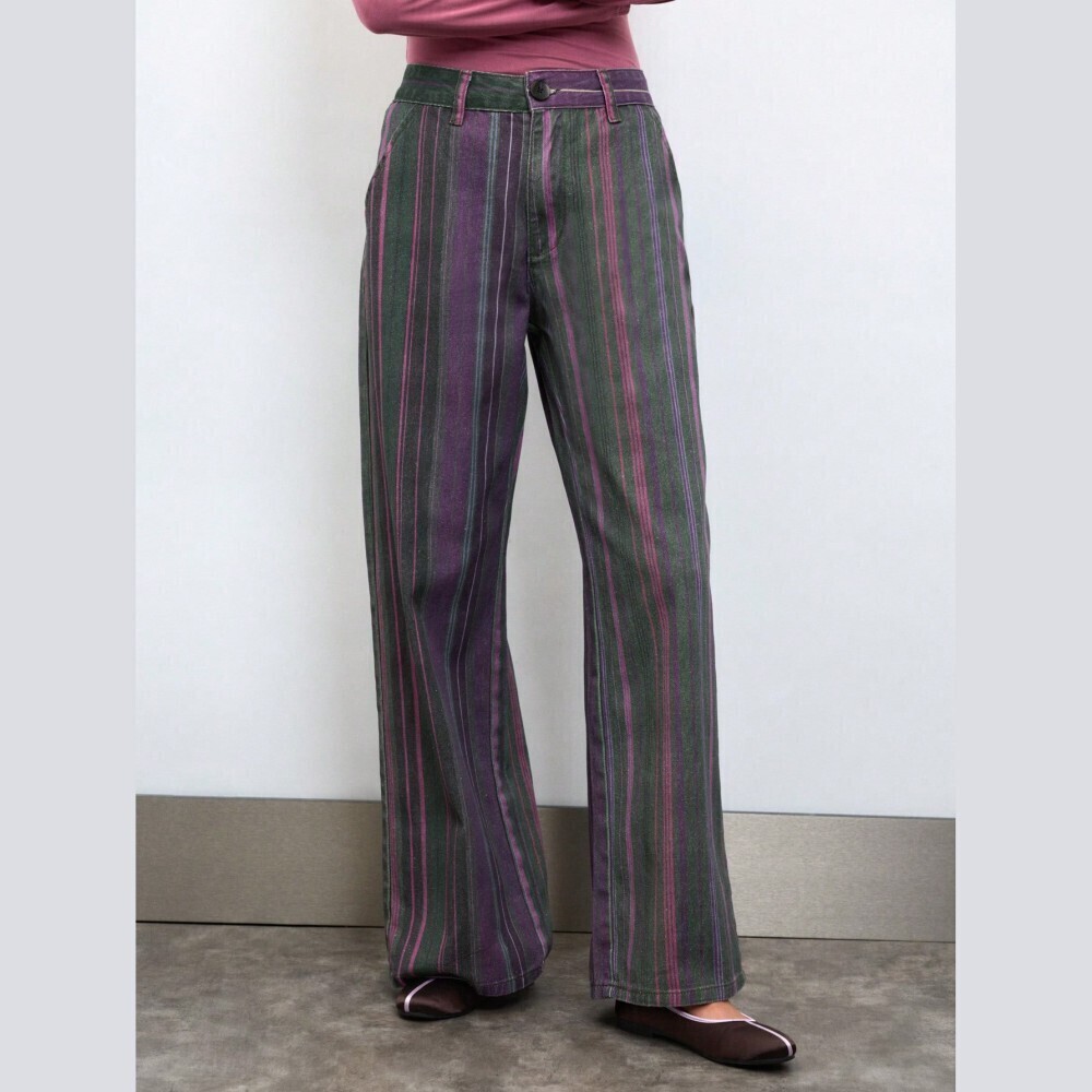 Green Purple Multicolor Striped Denim Wide Leg Jeans